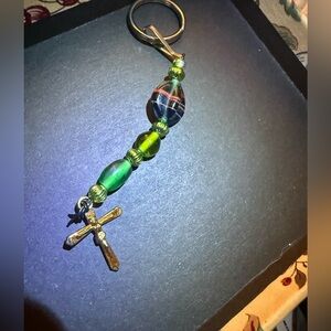 Religious Green Beaded Cross Keychain Purse Accessory